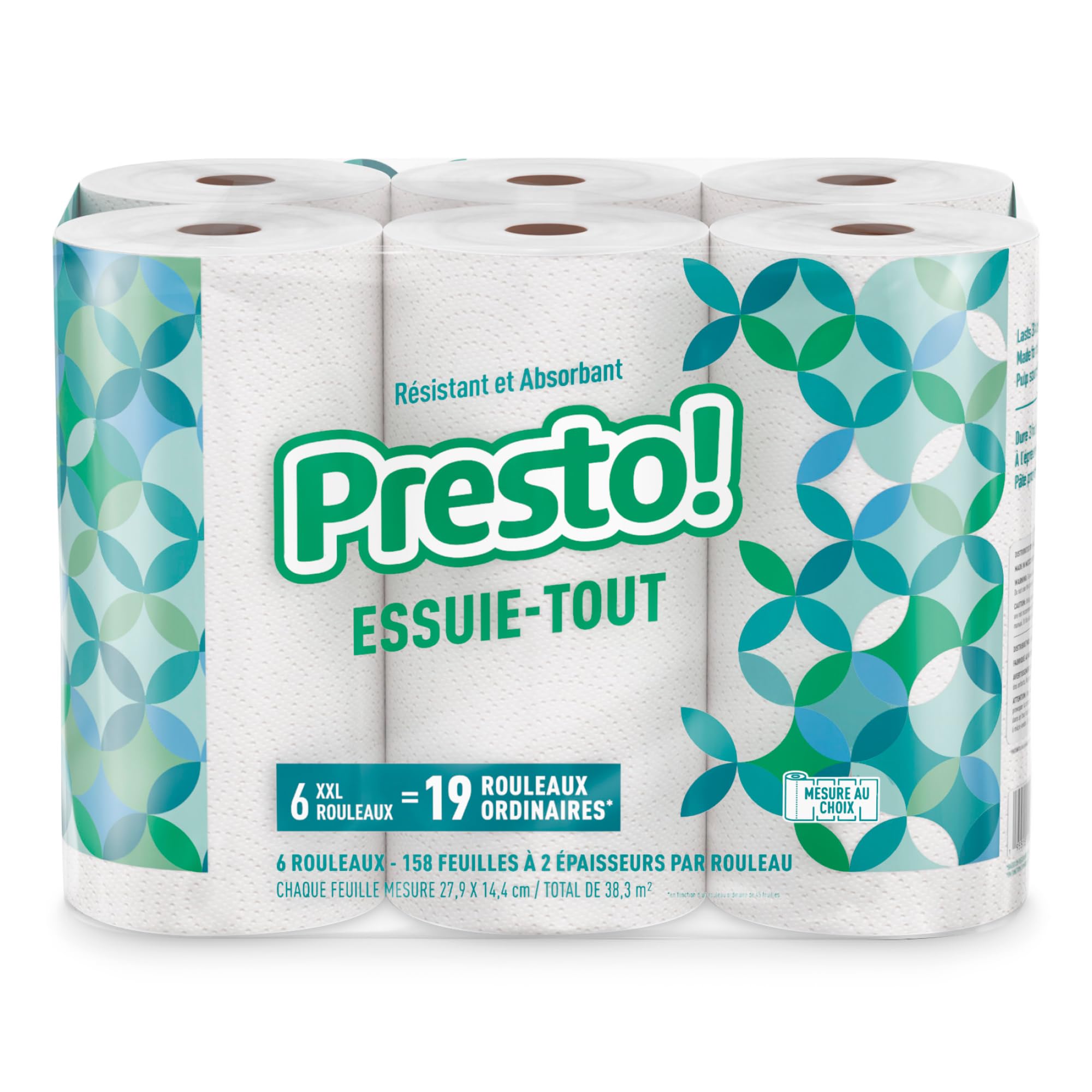 Amazon Brand - Presto! Ultra-Strong Premium Paper Towels, 158 Sheet Huge roll - Flex-a-Size, 6 Rolls, Equivalent to 19 Regular Rolls, White