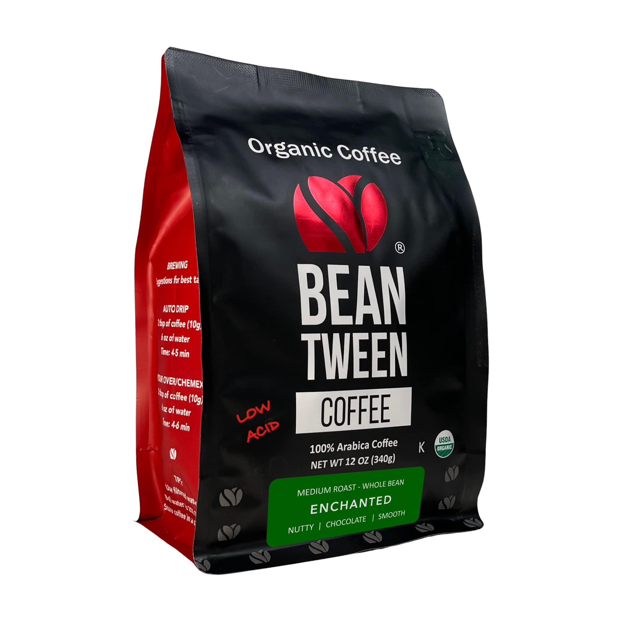 Beantween Coffee: Premium Organic MEDIUM ROAST Whole Bean (12oz) of 100% Arabica Coffee - Low Acid, MOLD-FREE, Certified Organic, Kosher, Single