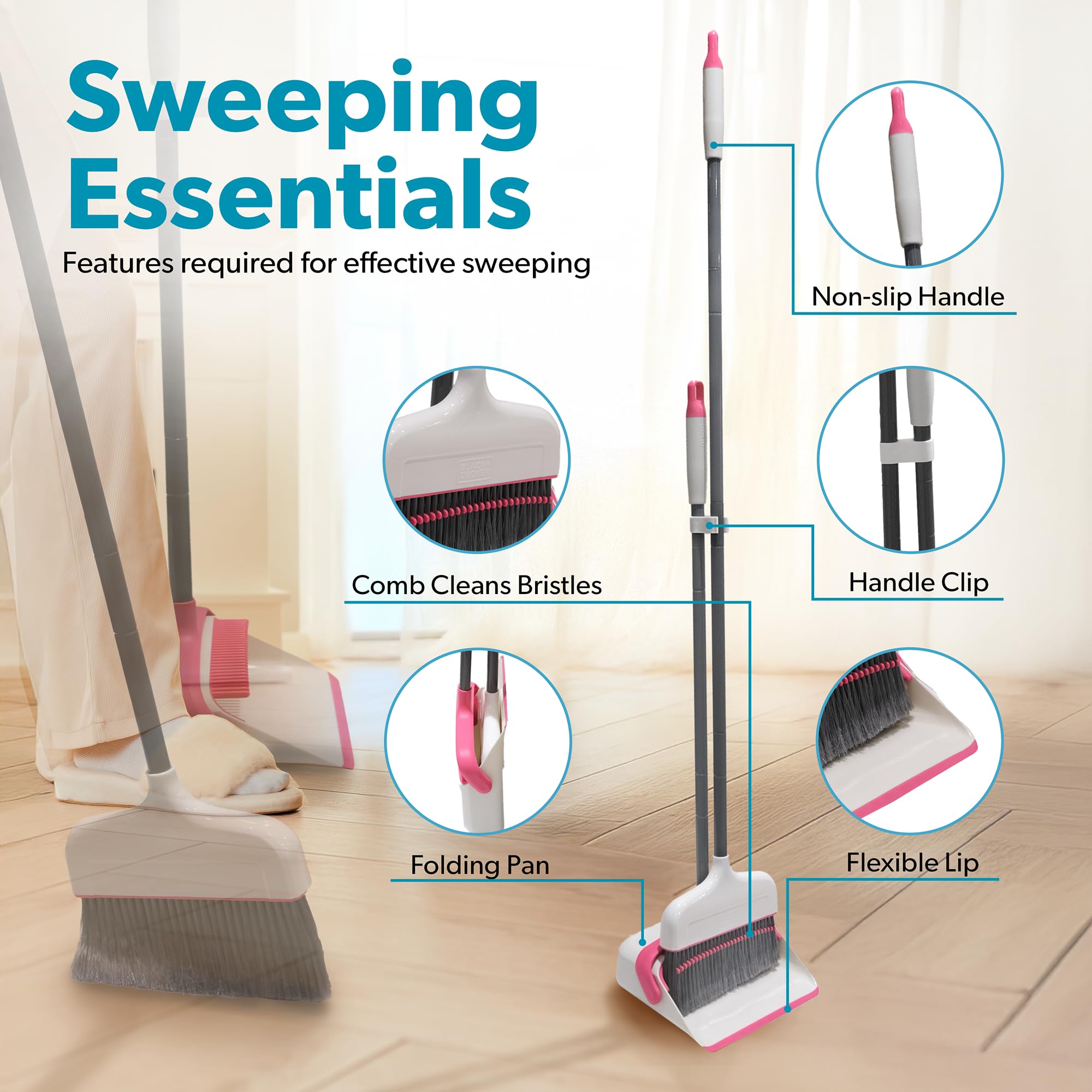 BLACK+DECKER Butler Broom & Dustpan Set - Stand-Up Design - Lightweight, Space-Saving Combo for Kitchen, Living Room, Bathroom, Lobby Floors - Home