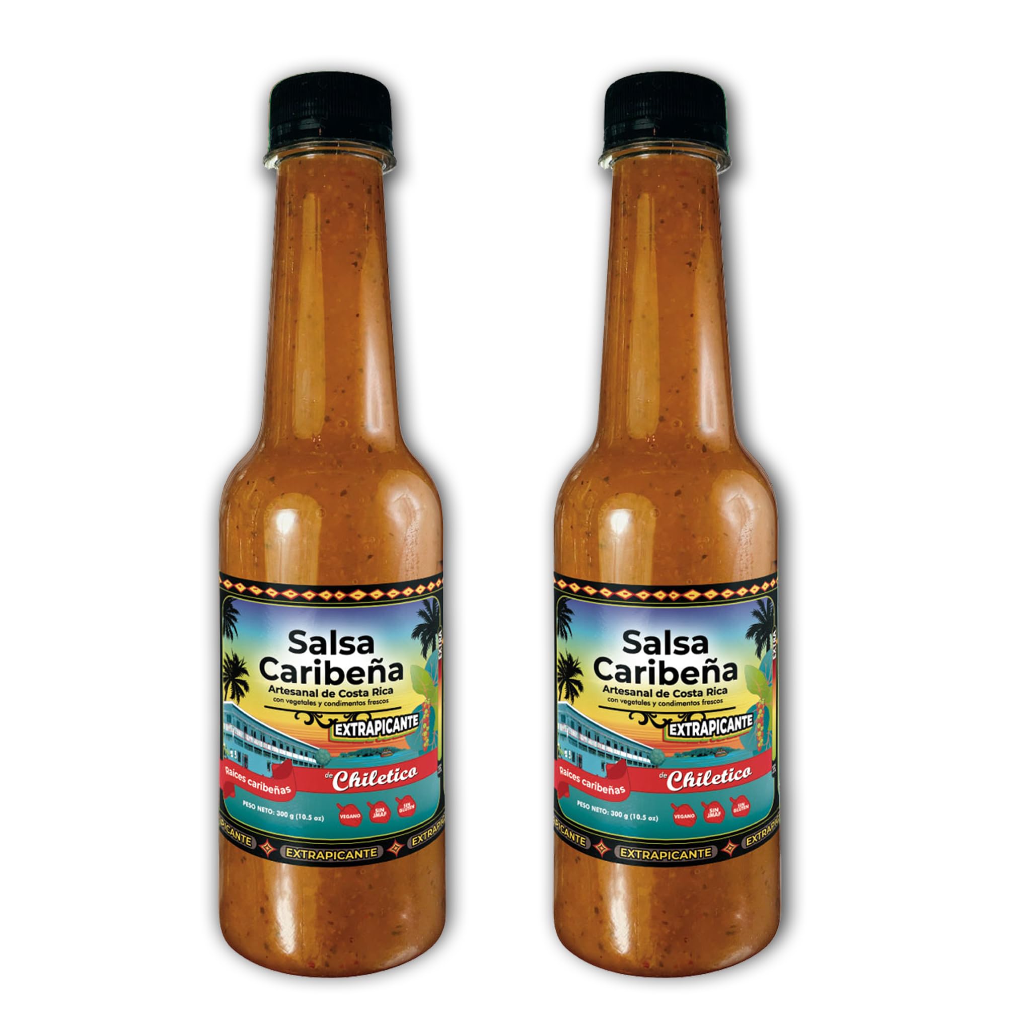 Chiletico Caribbean Hot Sauce, Extra Hot Heat Level Handcrafted in Costa Rica with Fresh Vegetables and Natural Spices - Intense Gourmet Spice, 10.5