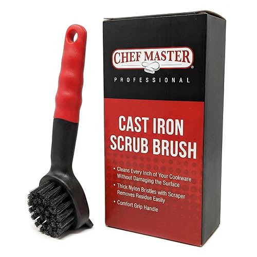 Cast Iron Scrub Brush with Heavy Duty Scraper - Nylon Bristles Dish Scrubber for Pans, Skillets and Woks - Kitchen Cleaner Removes Grime, Grease, Food