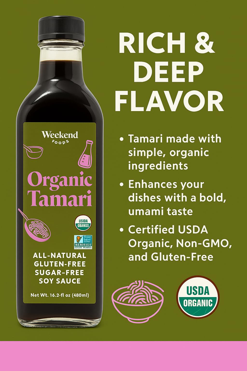Weekend Foods Organic Tamari Soy Sauce Glass Bottle - USDA Organic, Gluten-Free, Sugar-Free, Non-GMO, All-Natural - Bold Umami Flavor, No Wheat - 16.2
