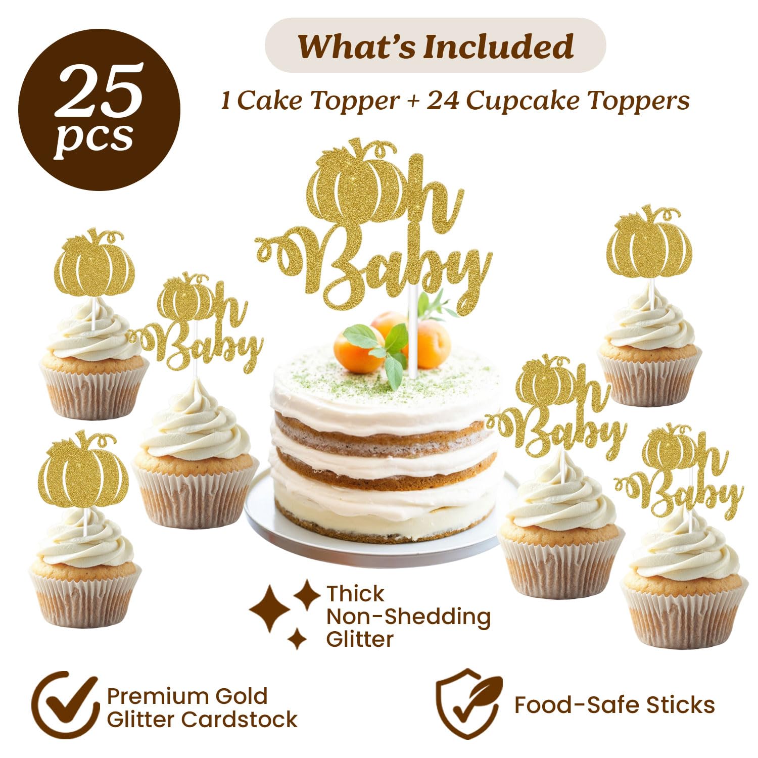 Pumpkin Oh Baby Cupcake Toppers + Cake Topper 25pcs Kit |Pumpkin Birthday Party Cake Decoration Set for Thanksgiving, Autumn/Fall Theme, Baby Shower
