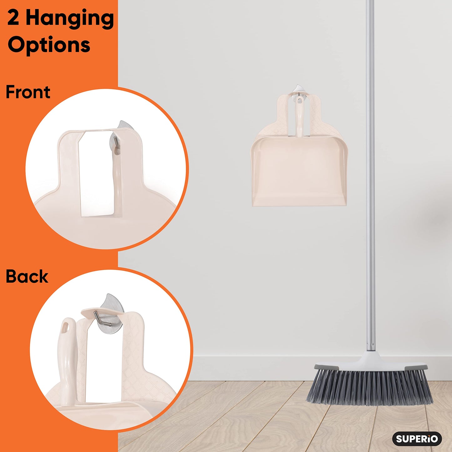 Superio Heavy Duty Plastic Step-on Dustpan with Comfort Grip Handle White, Durable, Lightweight Multi Surface Dust Pan Easy Broom Sweeping, 10-inch