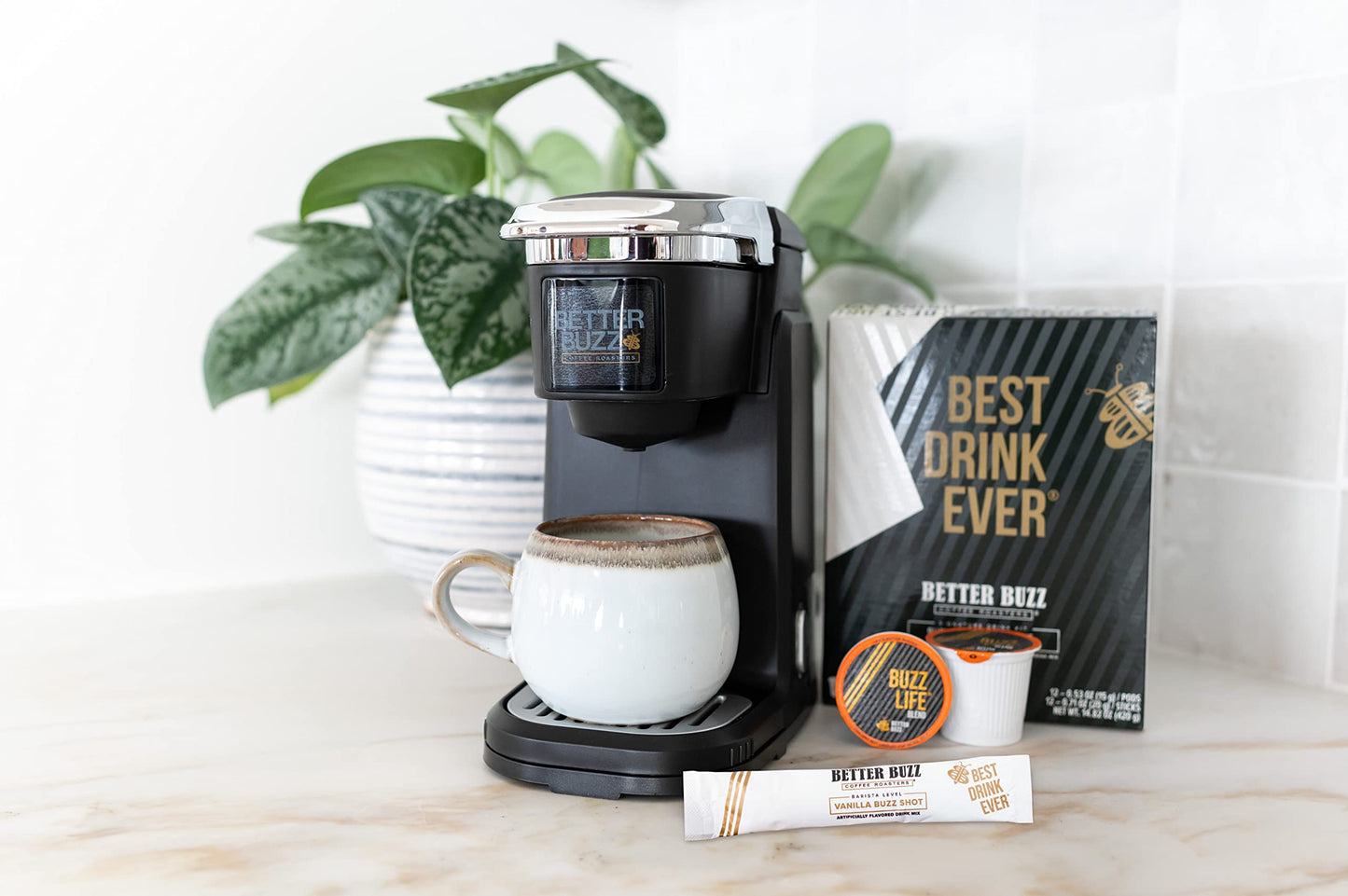 Better Buzz Best Drink Ever Vanilla Latte Single Serve Kit 24ct.,12 Medium Roast Coffee Pods (Buzz Life) & 12 (Vanilla Buzz) Coffee Creamer Powder