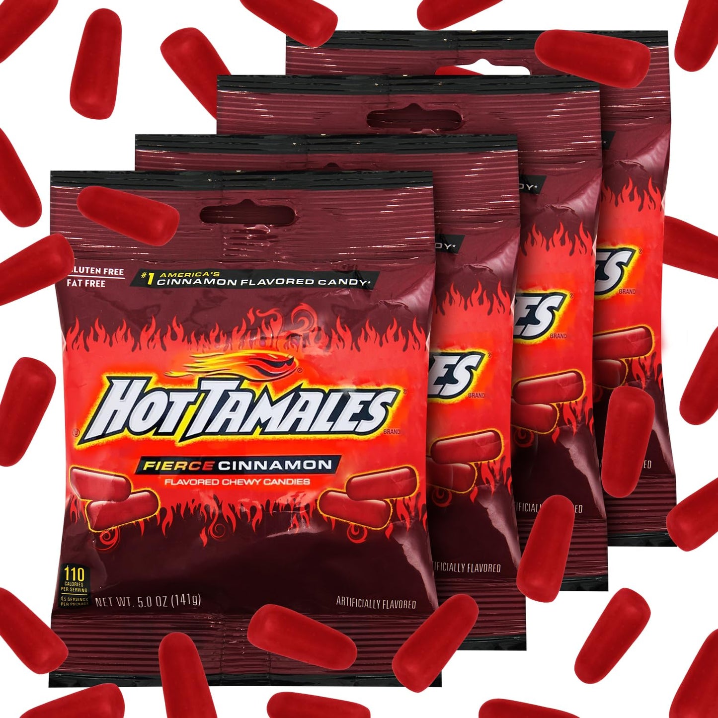 Hot Tamales Fierce Cinnamon Candy, 4 Pack - 5oz Each, Ideal for Cinnamon Candy Lovers and Fans of Hot Tamales, Perfect for Snacking, Sharing, Parties