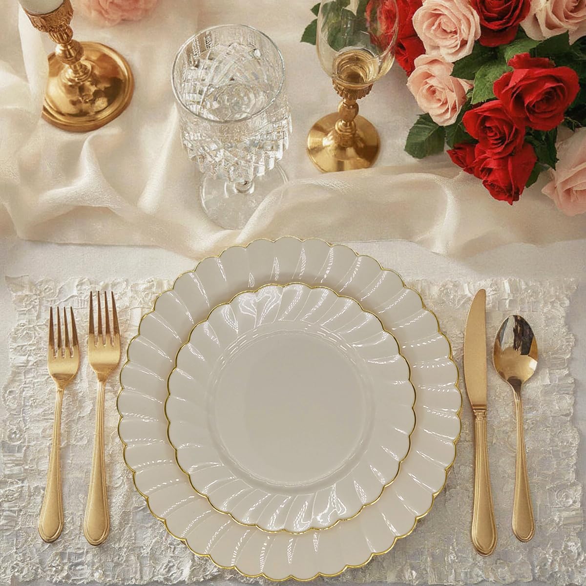 Sobel & Gala PREMIUM 40 Piece Ivory Scalloped Plastic Plates with Gold Rim - 20 Dinner and 20 Dessert - Fancy Disposable Plates for Party - Elegant