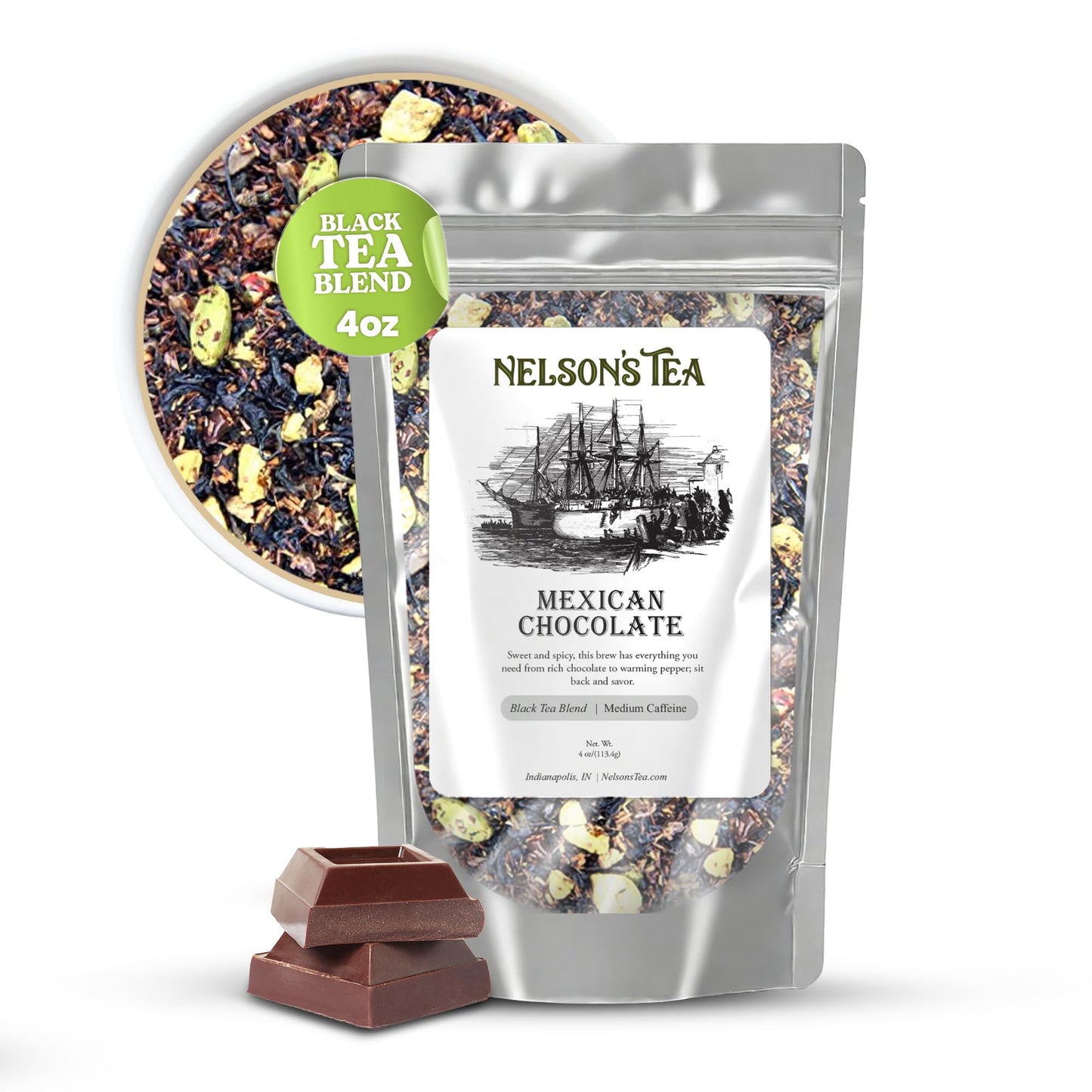 Nelson's Tea - Mexican Chocolate - Black Loose Leaf Tea - Red rooibos, black tea, carob beans, ginger, chocolate chips, pepper, and cardamom - 4 oz