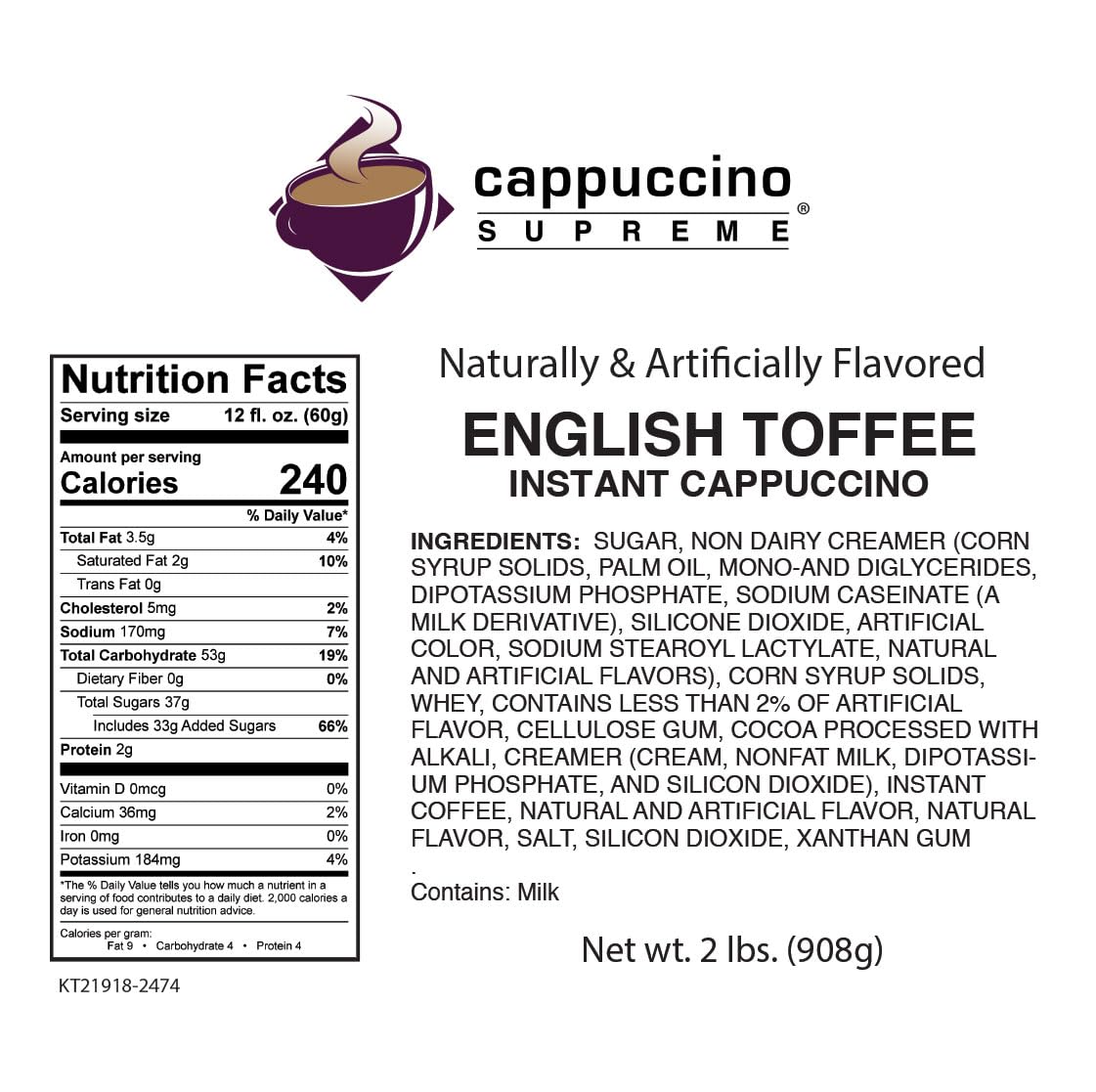 Cappuccino Supreme 2 lb bag English Toffee Instant Cappuccino Mix