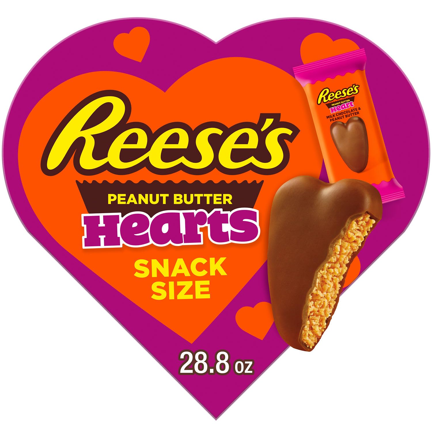REESE'S Milk Chocolate Snack Size Peanut Butter Hearts, Valentine's Candy Gift Box, 28.8 oz
