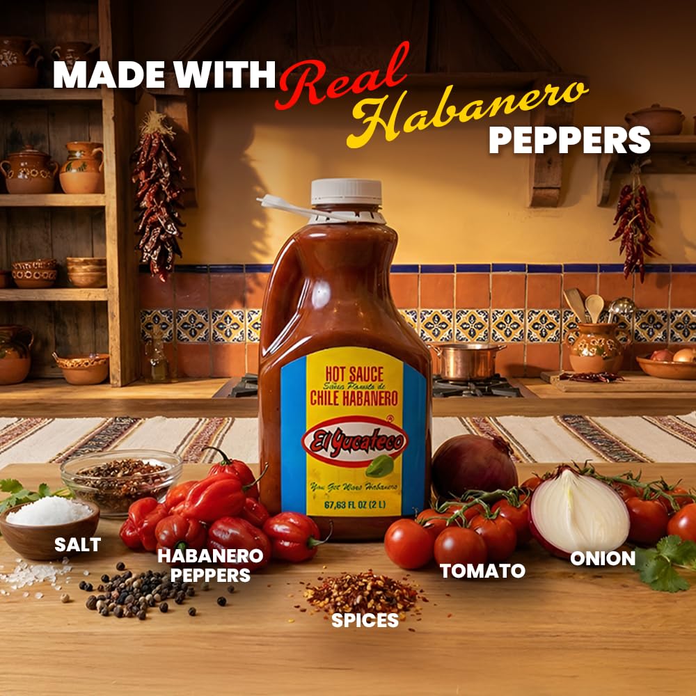 El Yucateco Red Habanero Hot Sauce Authentic Mexican Chile Habanero Sauce, Medium Heat, 8 fl oz / 120 ml), Imported from Mexico (Half Gallon)