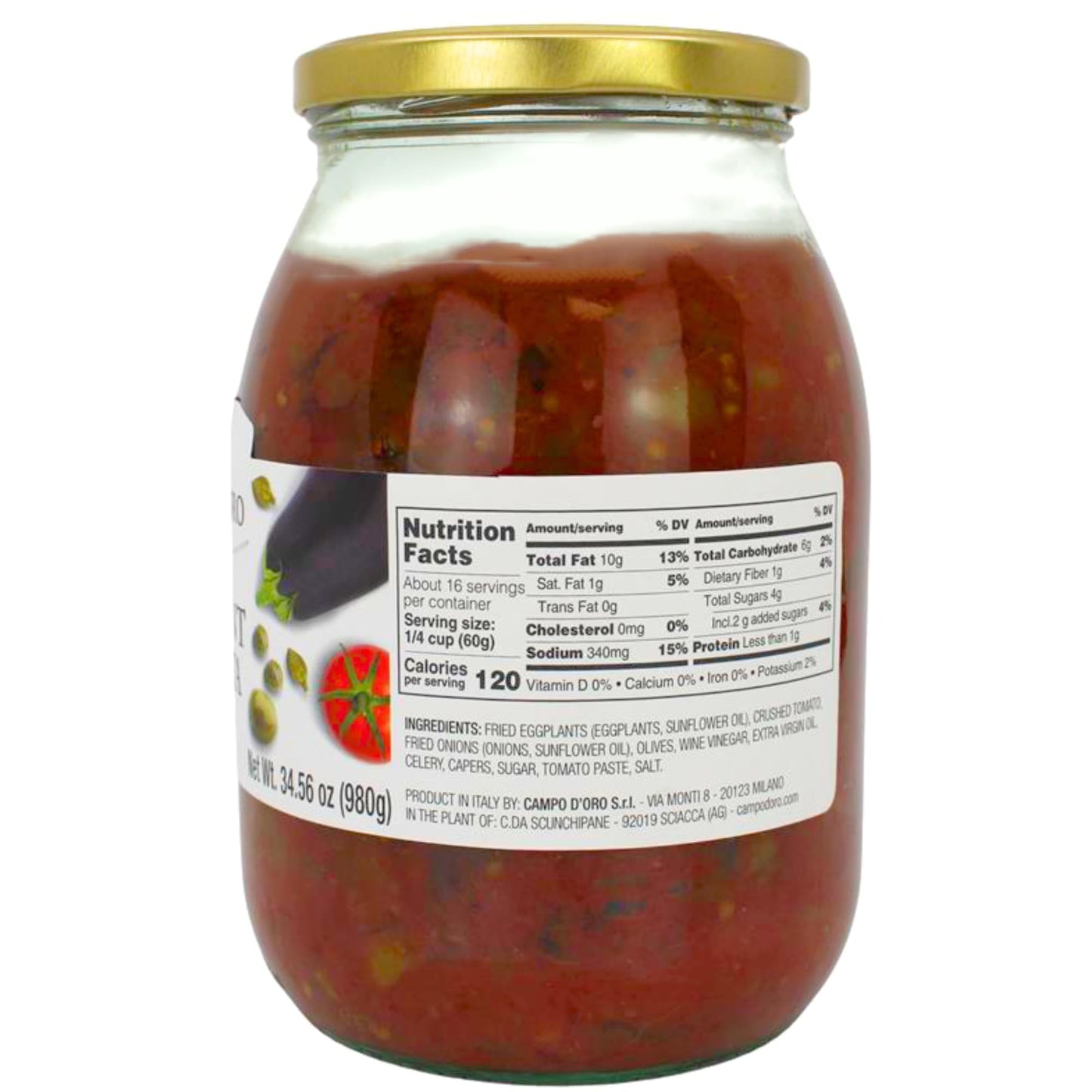 Sicilian Eggplant Caponata, Appetizer, Big Jar 34.5 oz, Sicilian recipe for Antipasto, side dish or pasta with Eggplant, Tomato, Onion, Celery, Olives