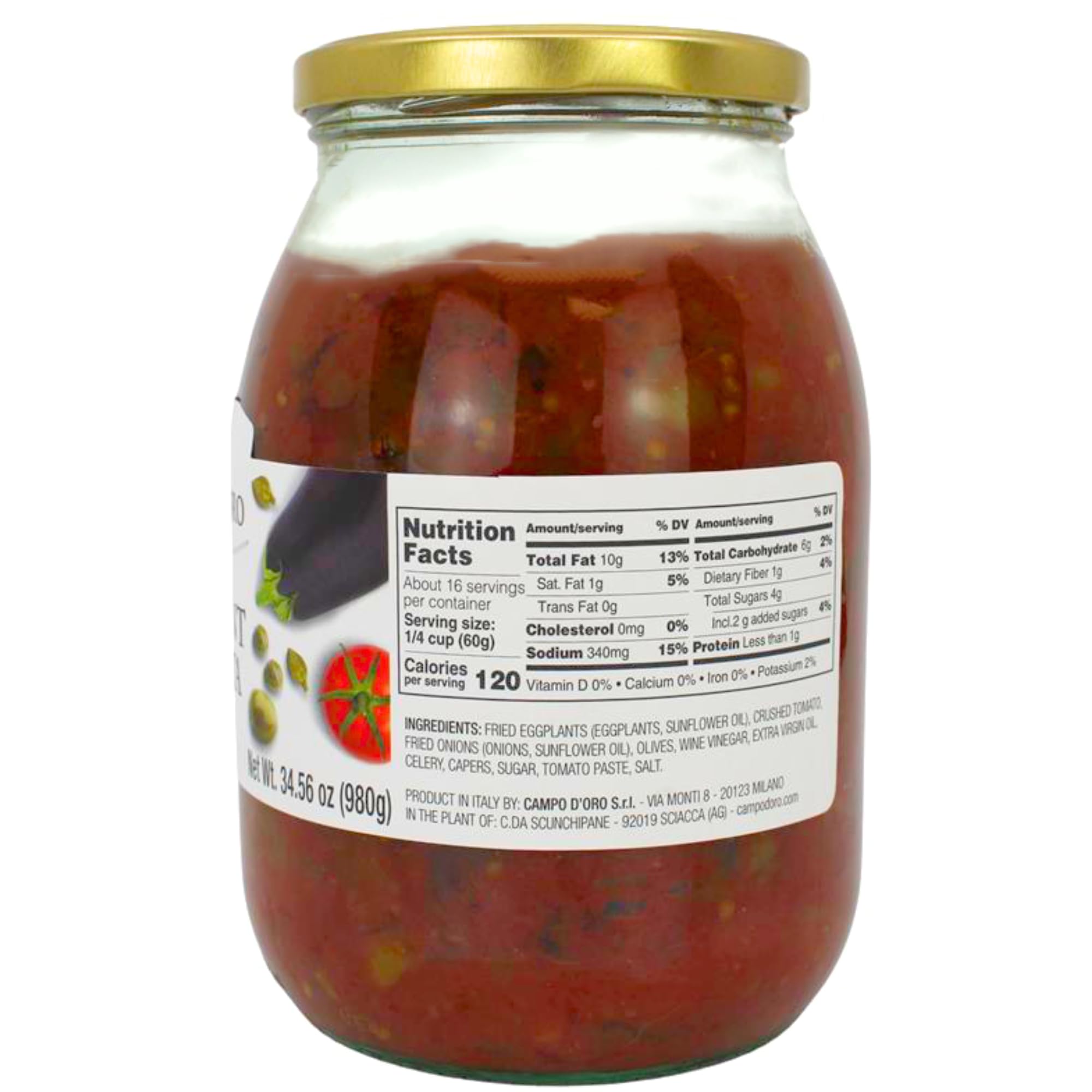 Sicilian Eggplant Caponata, Appetizer, Big Jar 34.5 oz, Sicilian recipe for Antipasto, side dish or pasta with Eggplant, Tomato, Onion, Celery, Olives