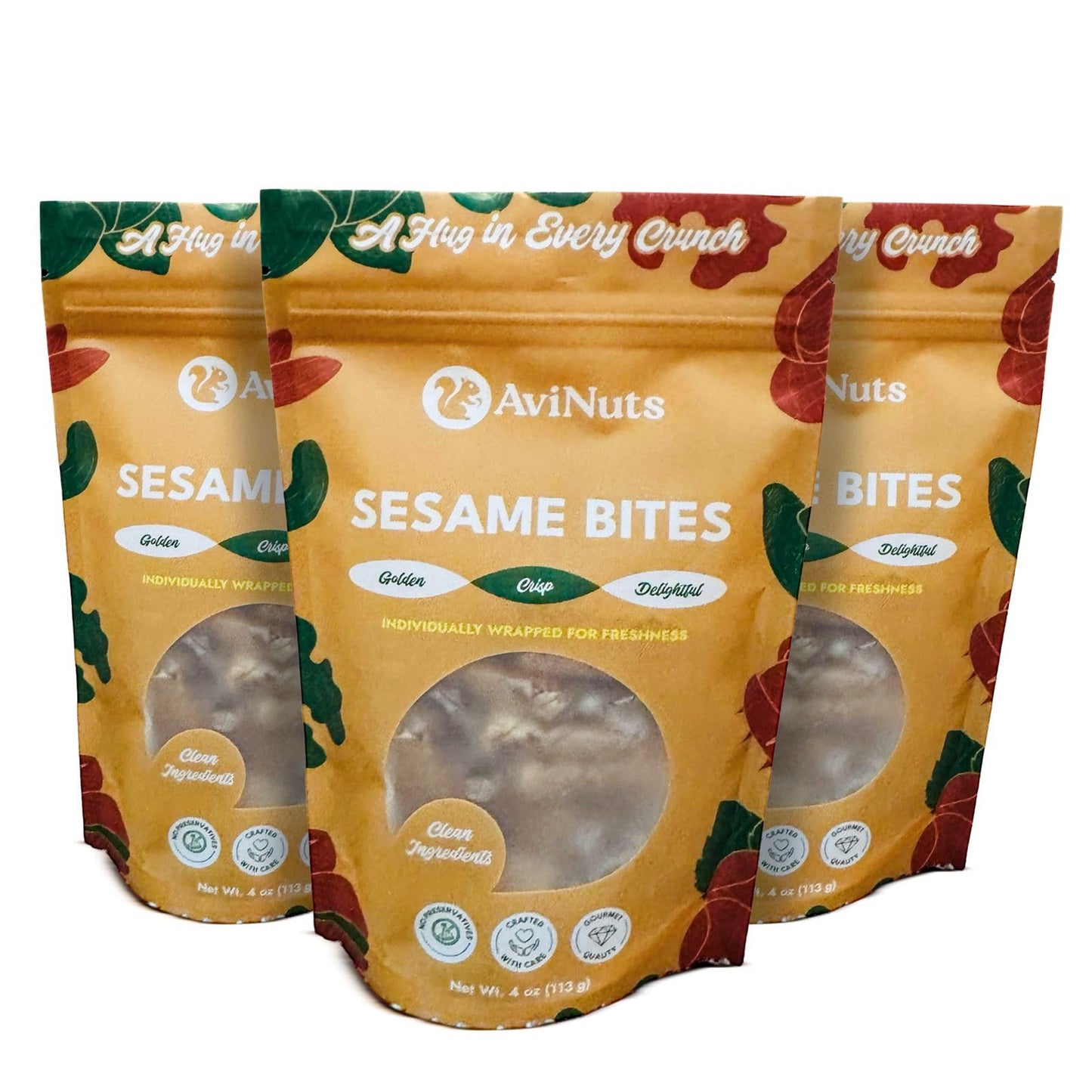 AviNuts Crunchy Sesame Seed Snack Bites, Lightly Sweet Toasted Sesame Crunch, Individually Wrapped Pieces, Crisp Sesame Candy Snack, Shelf Stable