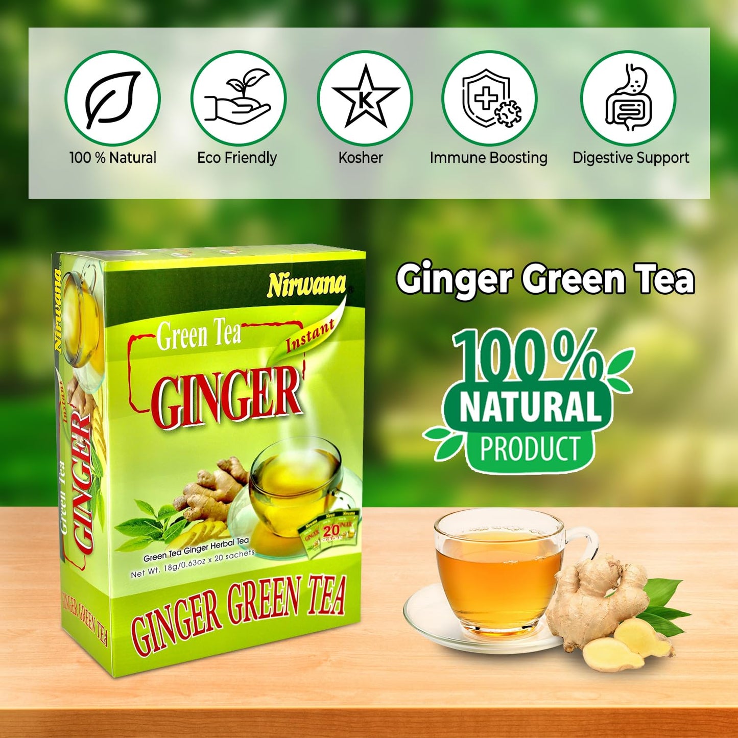 Green Ginger Tea - Refreshing Blend of Green Tea and Ginger with a Hint of Lemon | Antioxidant-Rich, Naturally Energizing Herbal Tea | Perfect