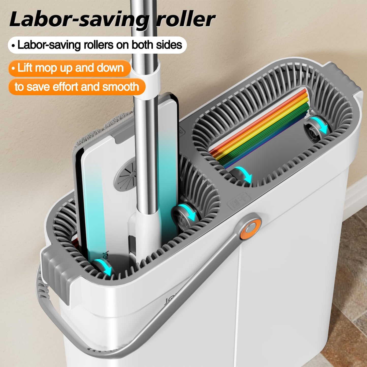 CTIME Flat Mop and Bucket Set with Wringer?Wet and Dry Use?Hands-Free Flat Mops for Floor Cleaning and Window Wall Cleaner with 2 Microfiber Pads.