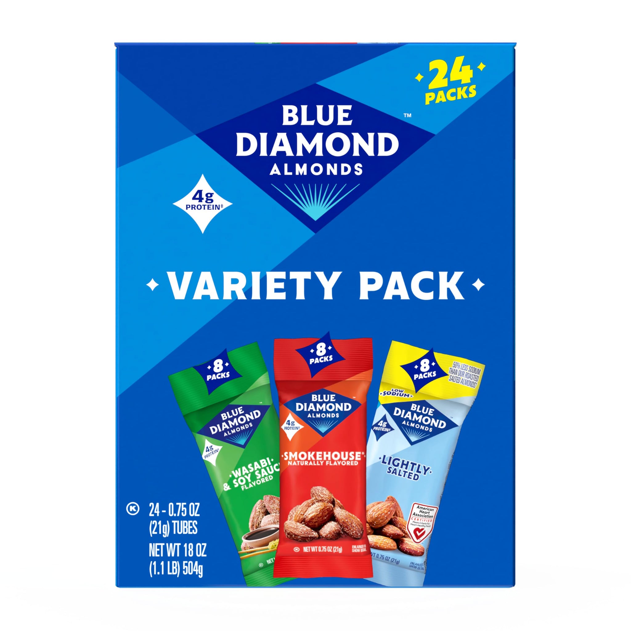 Blue Diamond Almonds Snack Nut Variety Pack for Kids, Office, School, On-the-go, 0.75 oz Gluten Free Individual Packs, Wasabi & Soy Sauce, Lightly