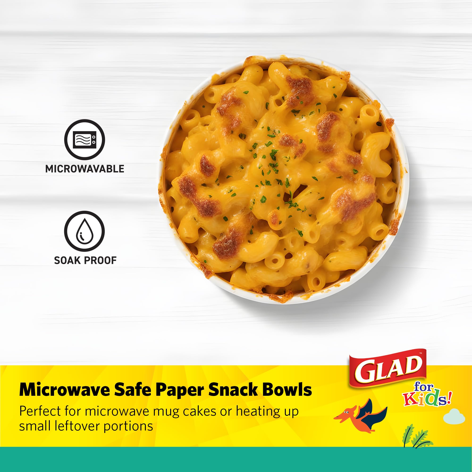 Glad for Kids Mini Dinosaurs Paper Snack Bowls, Colorful Heavy Duty Microwave Safe Disposable Bowls for Soup, Ice Cream, and Snacks, Lids Not
