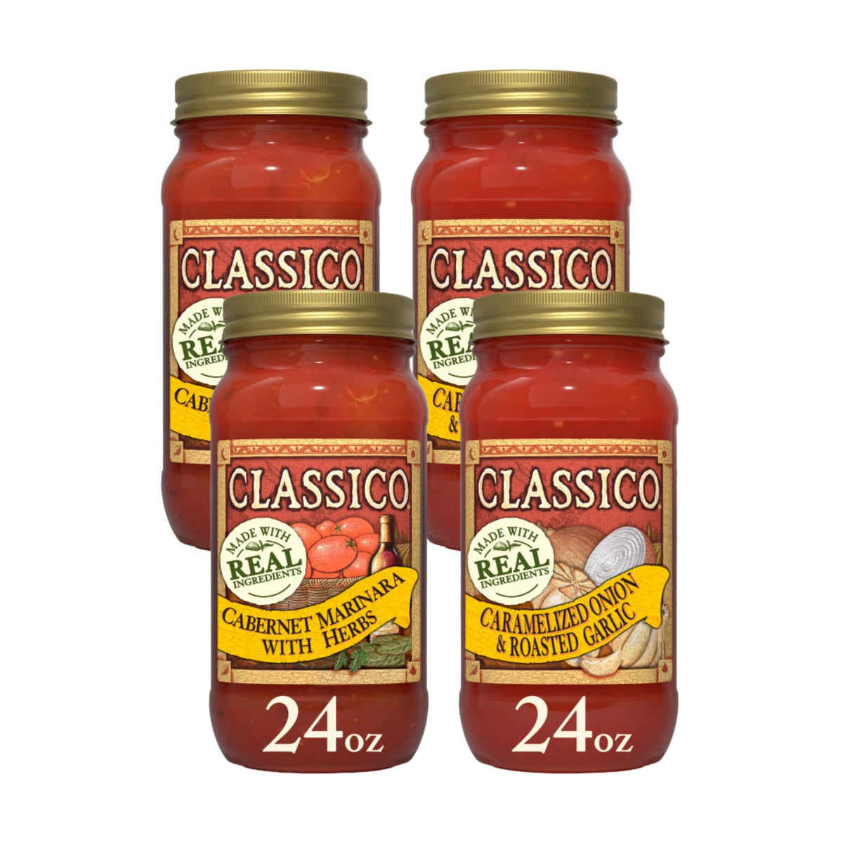 Classico Marinara Quartet, Italian Tomato Recipe, Pasta Topping, Cabernet with Herbs and Caramelized Onion with Roasted Garlic, 24 Ounce (Variety
