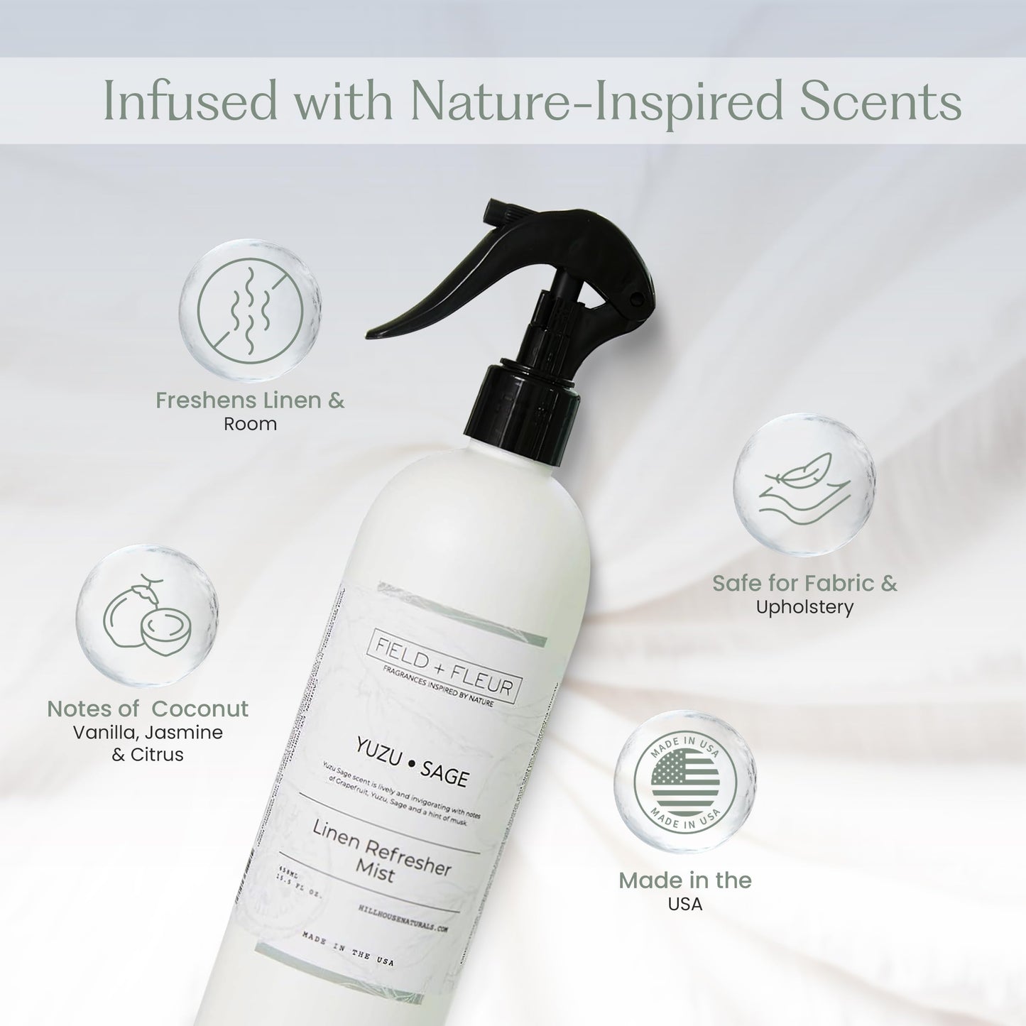 Field + Fleur - Linen Refresher Mist - Aromatic Spray for Fabrics - Refresh Bedding, Curtains & More - Notes of Grapefruit, Yuzu, Sage & Musk - Made