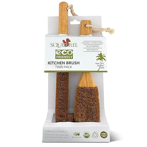 Eco-Friendly Kitchen Cleaning Brush (Twin Pack) - Wood Dish Brush with Coconut Fiber Bristles & Wooden Handle. Kitchen Brush for Bottles, Jars, Mugs