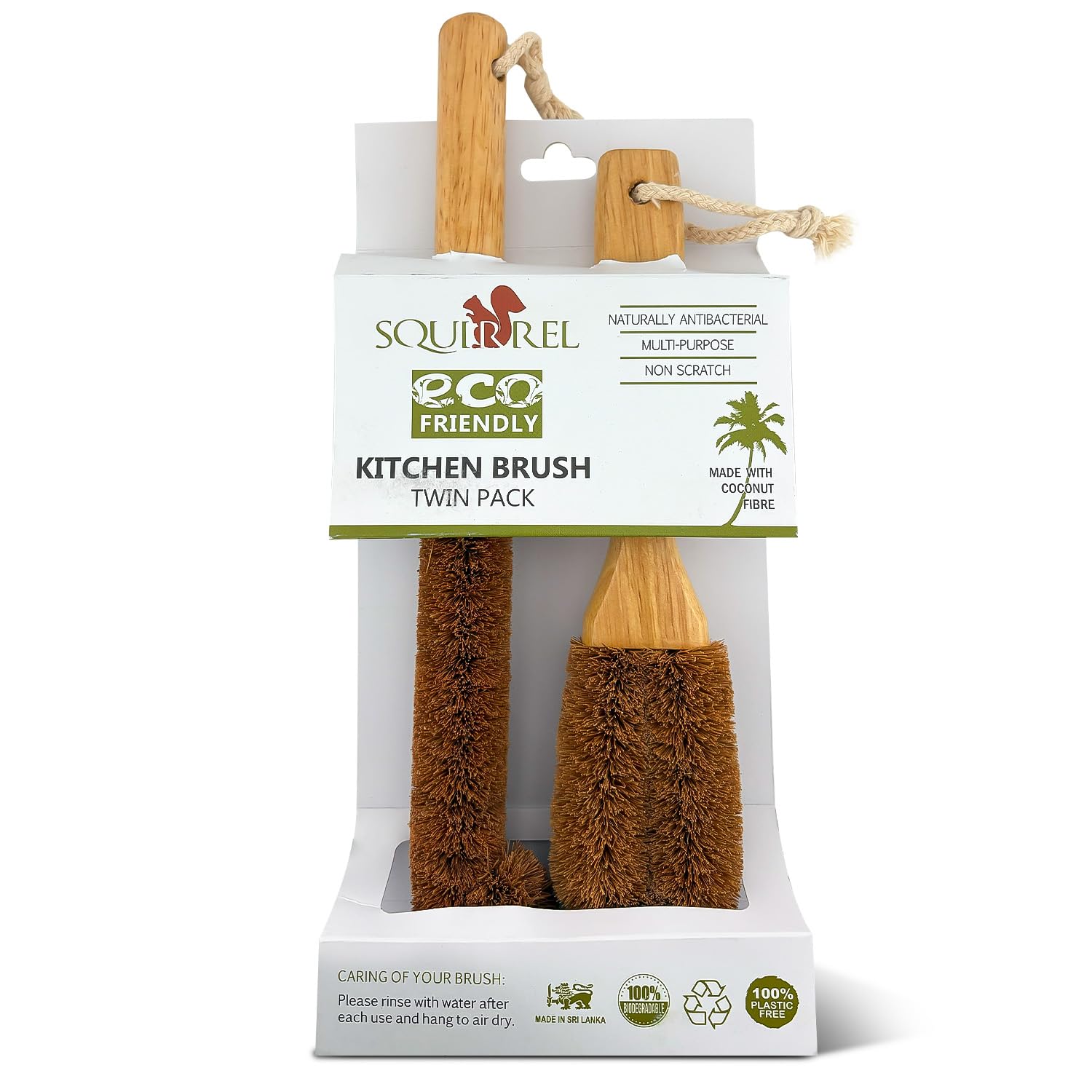 Eco-Friendly Kitchen Cleaning Brush (Twin Pack) - Wood Dish Brush with Coconut Fiber Bristles & Wooden Handle. Kitchen Brush for Bottles, Jars, Mugs