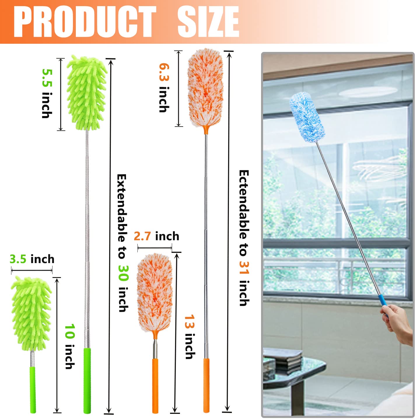 4 pcs Extendable and Washable Microfibre Feather Duster,13" to 30" Reachable, Microfibre Cleaning Tool, Small Dusters for Cleaning Office, Car