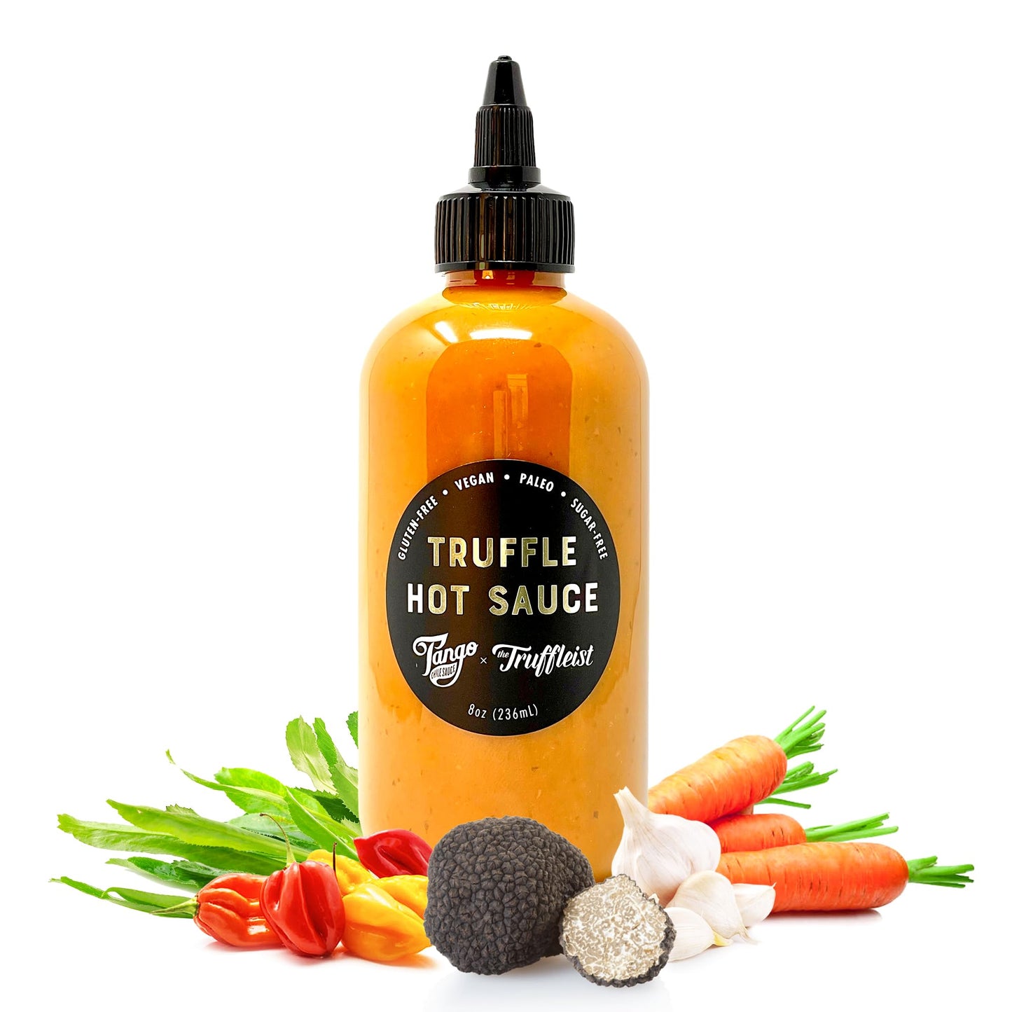 Truffle Tango - Gourmet Black Truffle Hot Sauce - Carrot-Based, Healthy & Clean - Vegan, Gluten-Free - 8 oz Squeeze Bottle