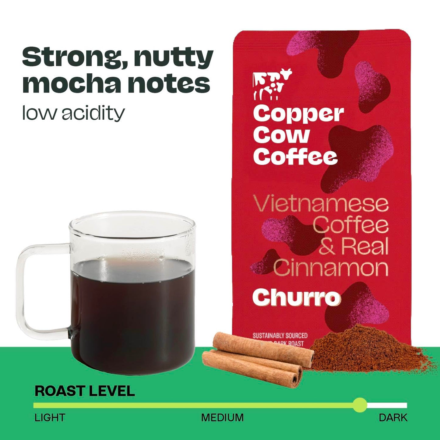 Copper Cow Premium Vietnamese Ground Coffee, 24 OZ | Churro Flavored Coffee | Dark Roast Made with Real Cinnamon | 100% Vietnamese Coffee, Smooth