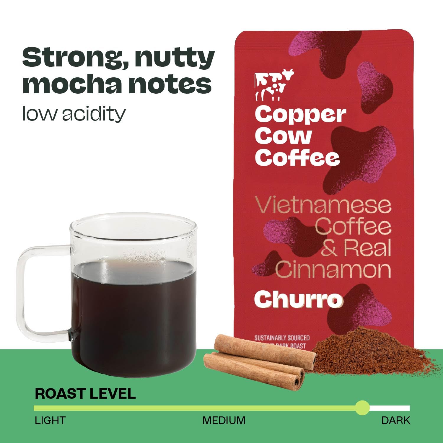 Copper Cow Premium Vietnamese Ground Coffee, 24 OZ | Churro Flavored Coffee | Dark Roast Made with Real Cinnamon | 100% Vietnamese Coffee, Smooth