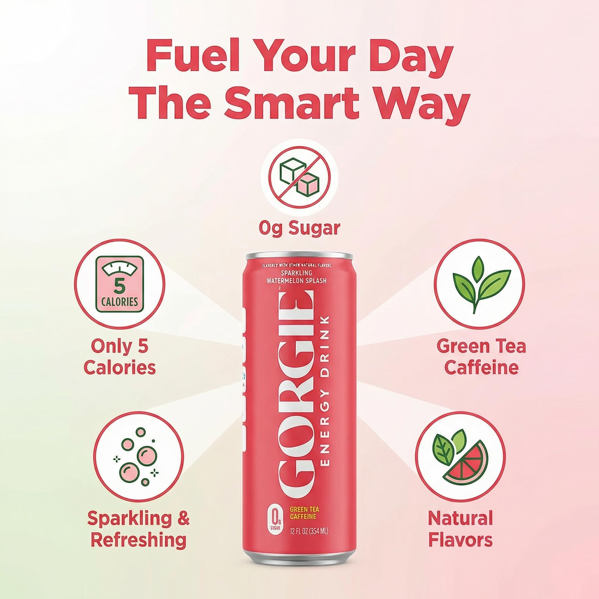 Gorgie Energy Drink Sparkling Watermelon Spice - 12 fl oz Can (Pack of 2) - Alternative to Calculus Energy Drinks with a Random Item - 3 Items