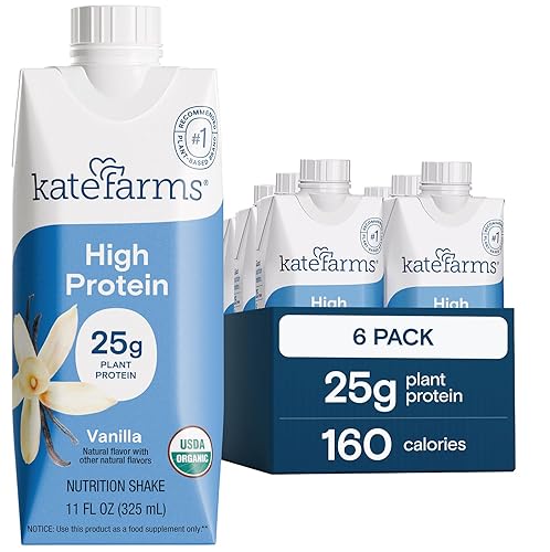 KATE FARMS Organic High Protein Vanilla Nutrition Shake, 25g Protein, 6g Fiber, 27 Vitamins and Minerals, 0g Sugar, Protein Drink, 11 oz (6 Pack)