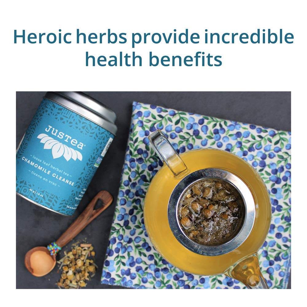 JusTea CHAMOMILE DREAM | Loose Leaf Herbal Tea | Tin with Hand Carved Tea Spoon |40+ Cups (1.6oz) | Caffeine Free | Award-Winning | Fair Trade |