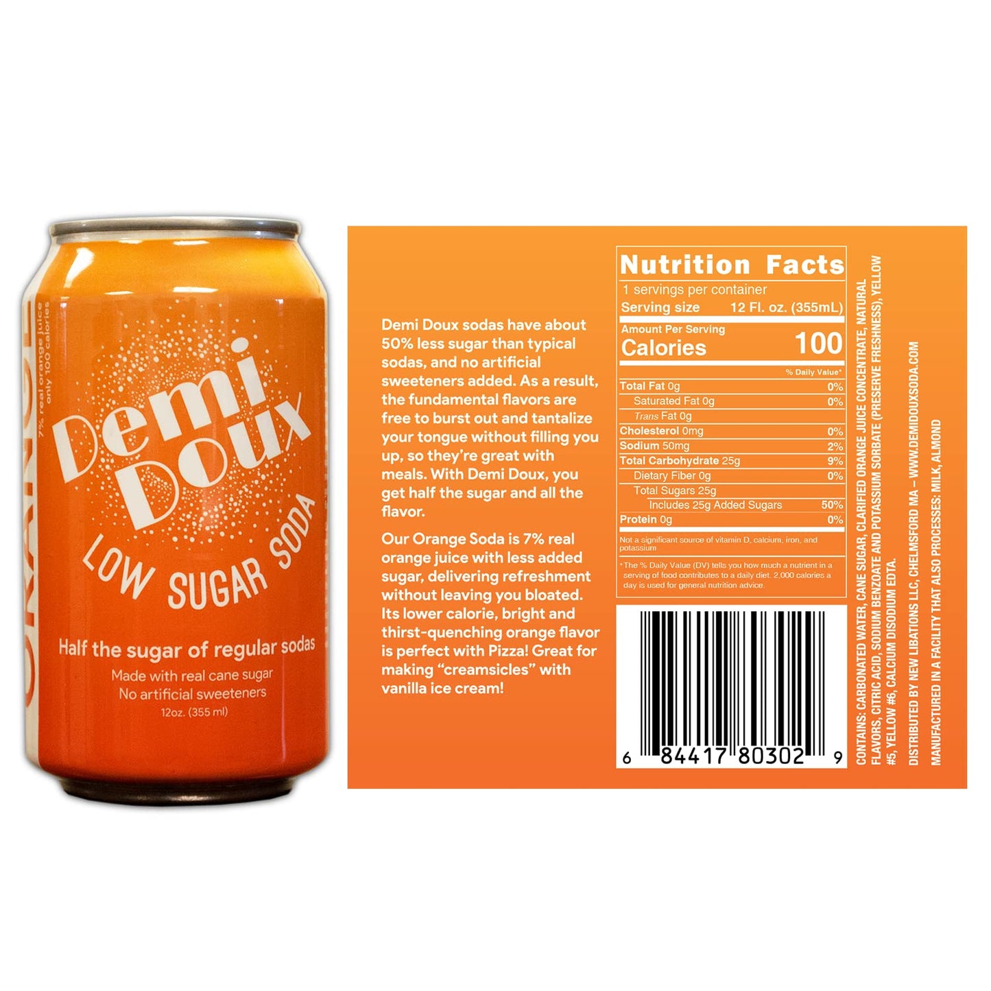 Demi Doux Low Sugar Soda - Low Sugar Soft Drink, No Artificial Sweeteners (Orange, 12-pack)