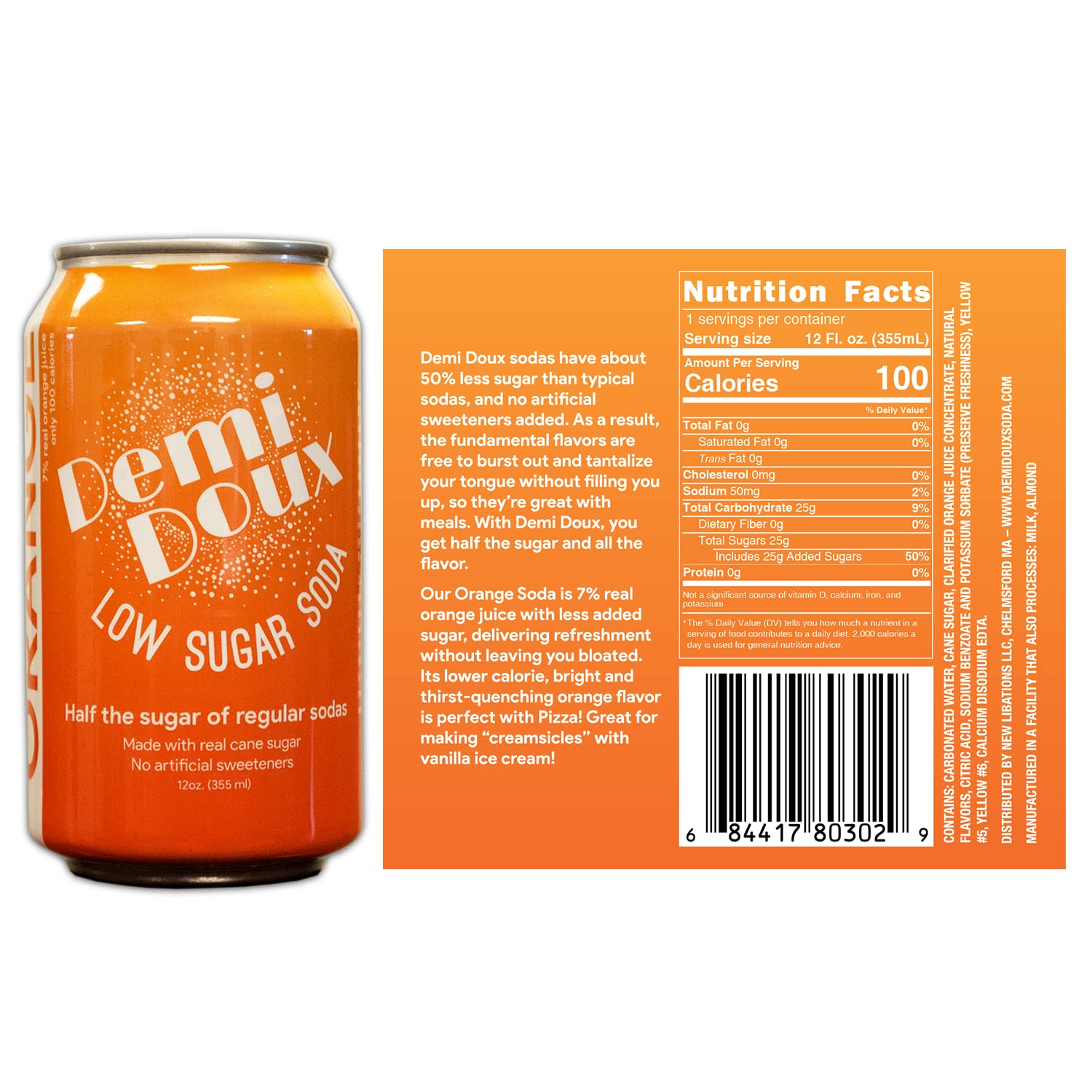 Demi Doux Low Sugar Soda - Low Sugar Soft Drink, No Artificial Sweeteners (Orange, 12-pack)