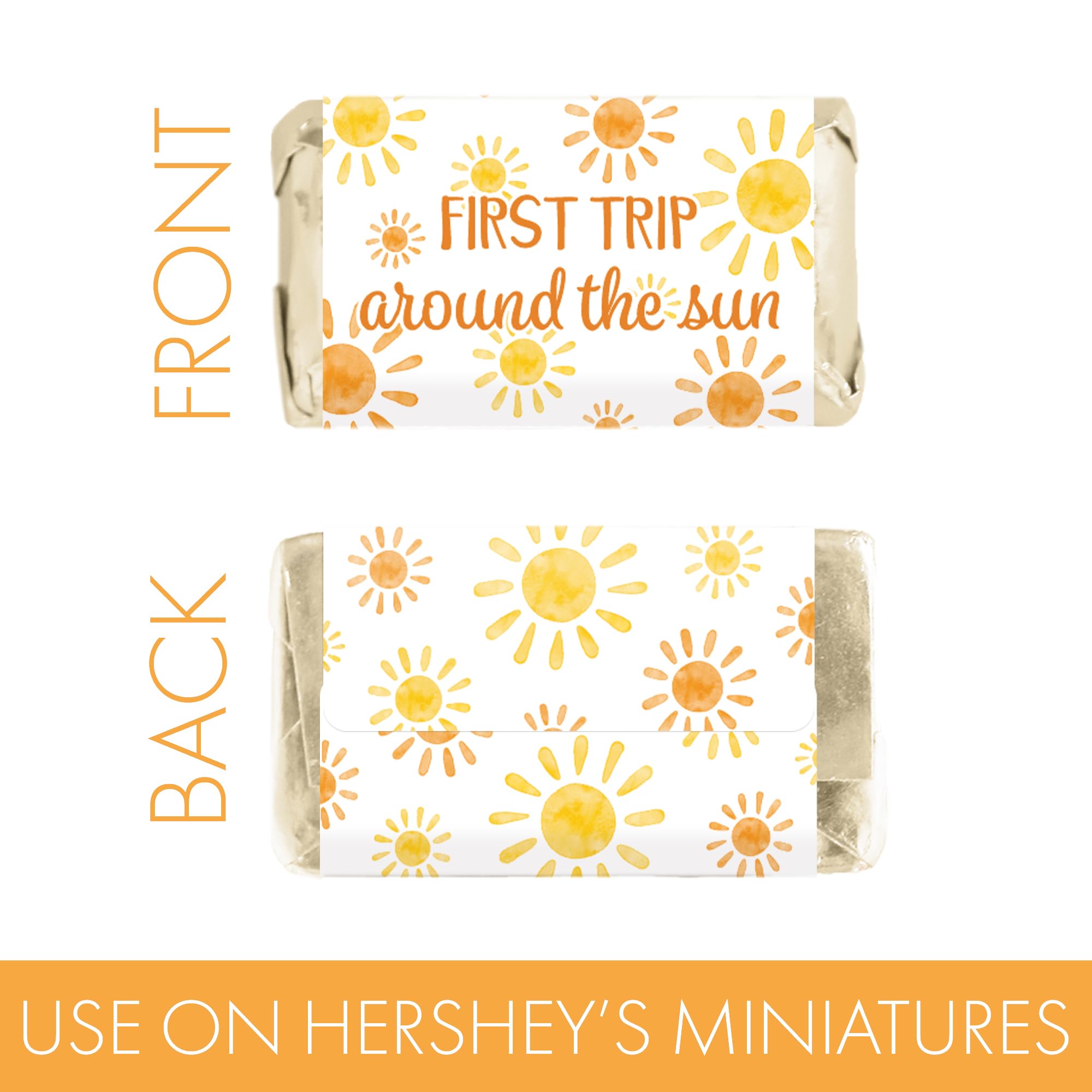 DISTINCTIVS First Trip Around the Sun 1st Birthday Mini Candy Bar Wrappers - 42 Count - Boho Sunshine Design - Turning One Party Favors for Boy or