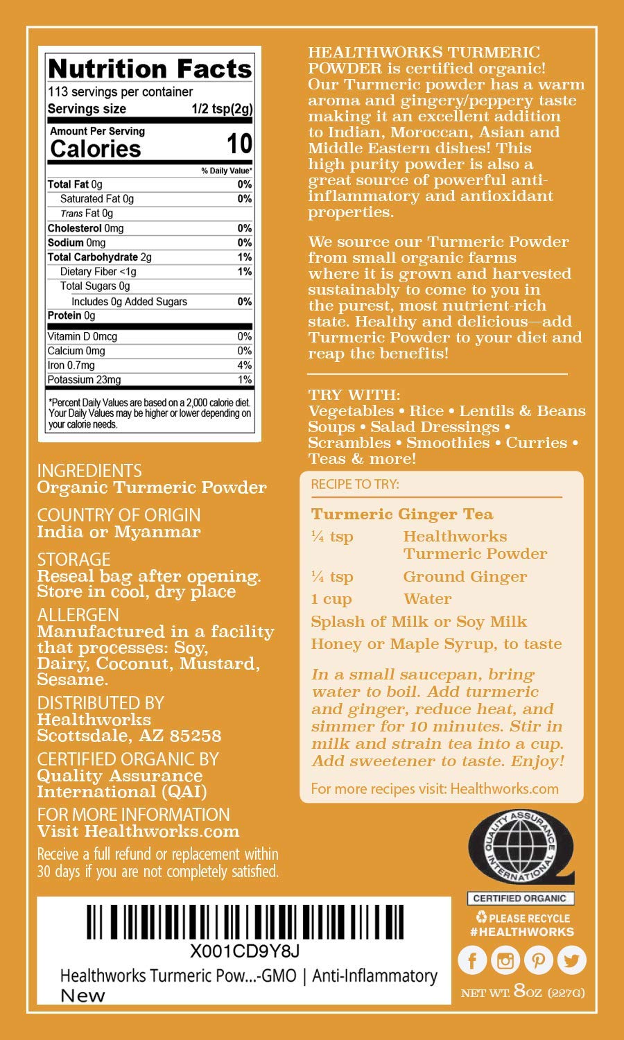 Healthworks Superfoods Organic Turmeric Powder - 8 Oz - Ground Raw Organic, Curcumin, Keto, Paleo, Vegan and Non-GMO