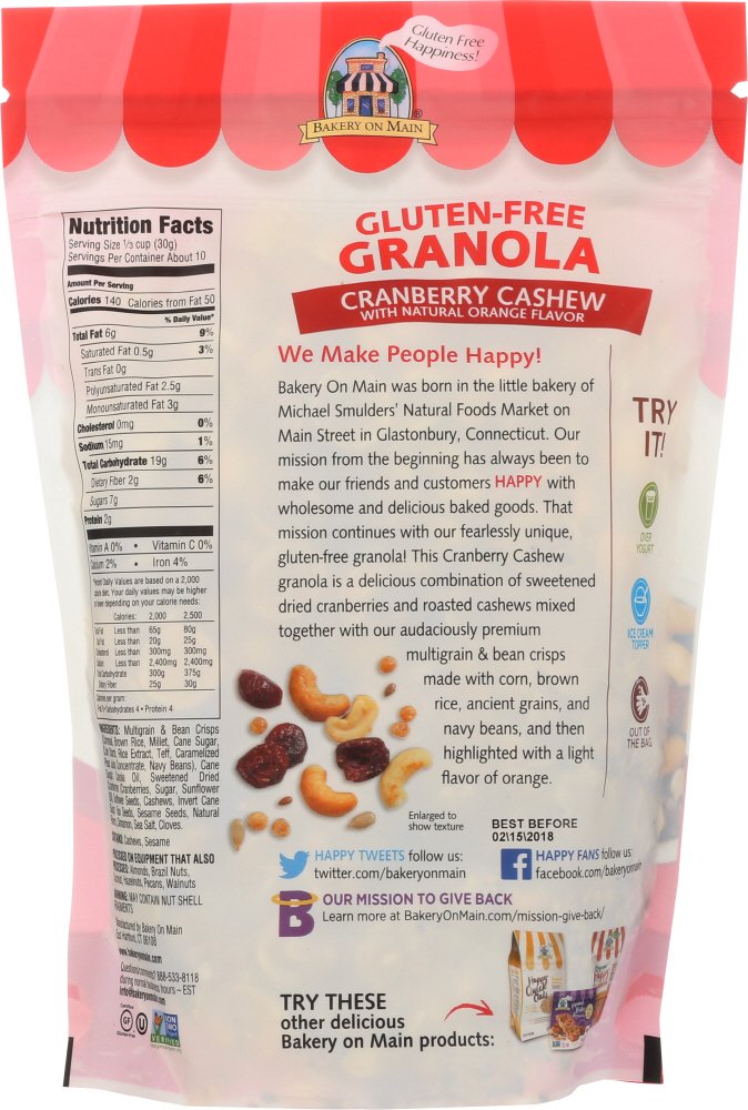 Bakery On Main Gluten Free Non GMO Granola, Cranberry Cashew, 11 Ounce