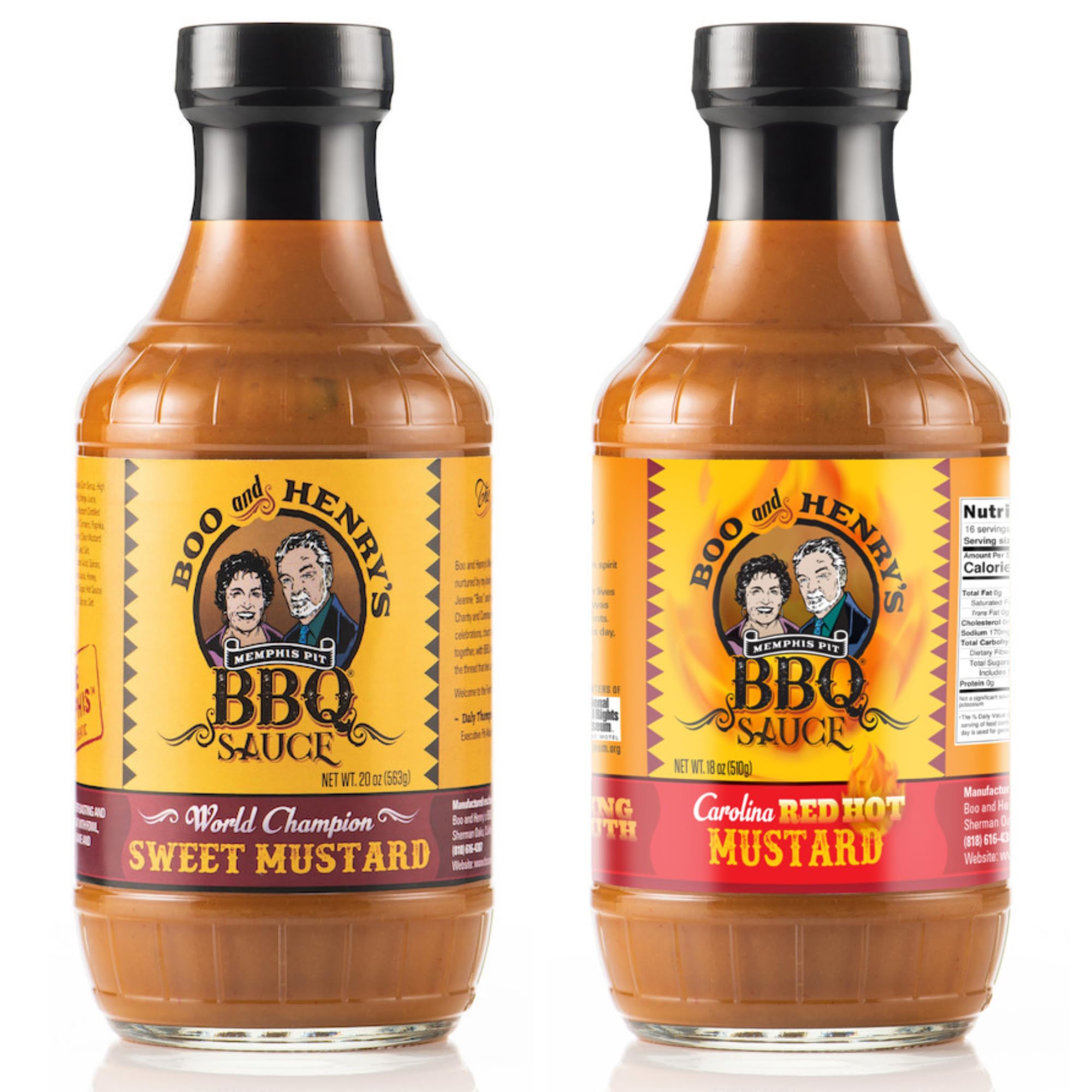 Boo and Henry's BBQ Mustard Barbecue Sauce Variety 2-Pack, World Champion Sweet Mustard Plus Carolina Red Hot Mustard Sauce with Signature Ghost