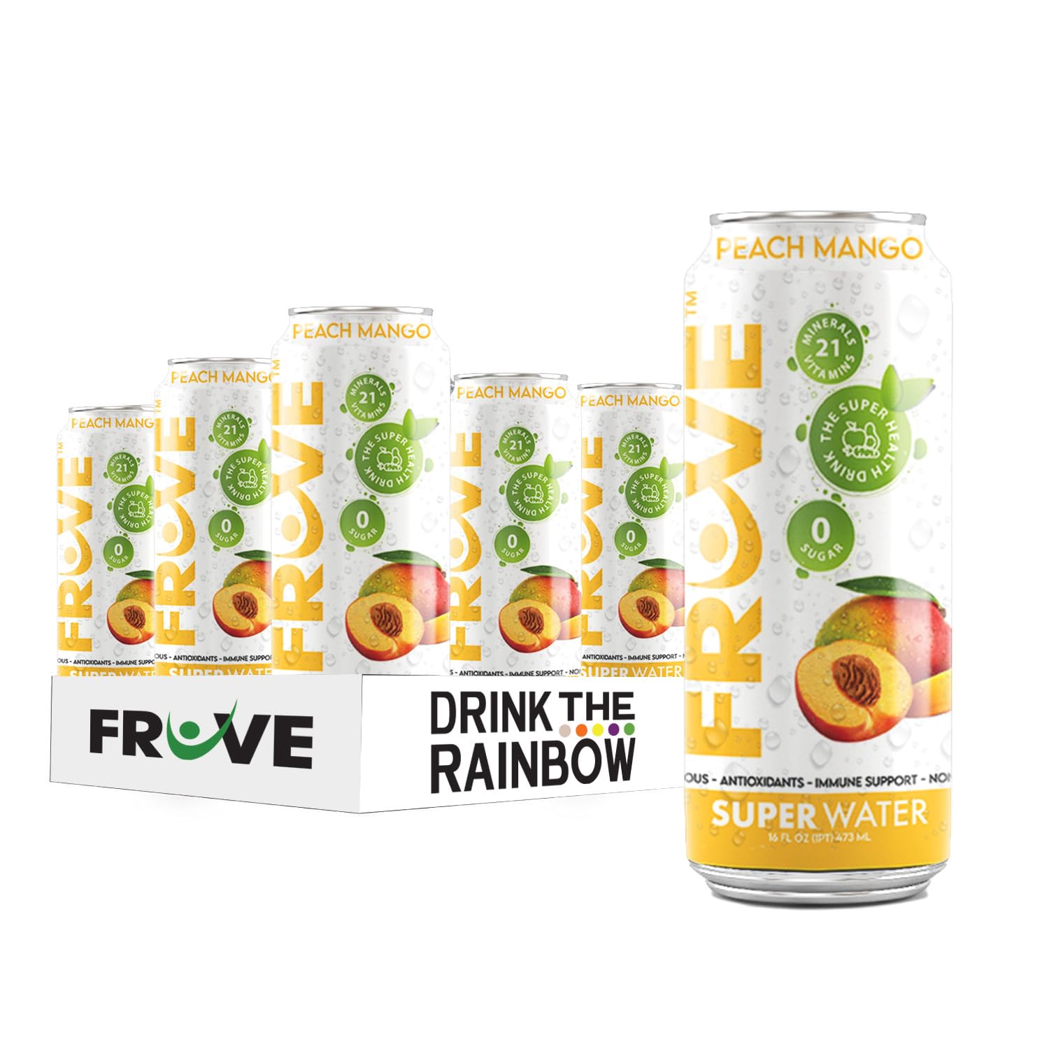 FrUve Super Water | Peach Mango Flavor | 12 16oz Cans | Healthy Drink | Zero Sugar | Low Calorie Drink | Powerful Antioxidants | Boosts Immune System