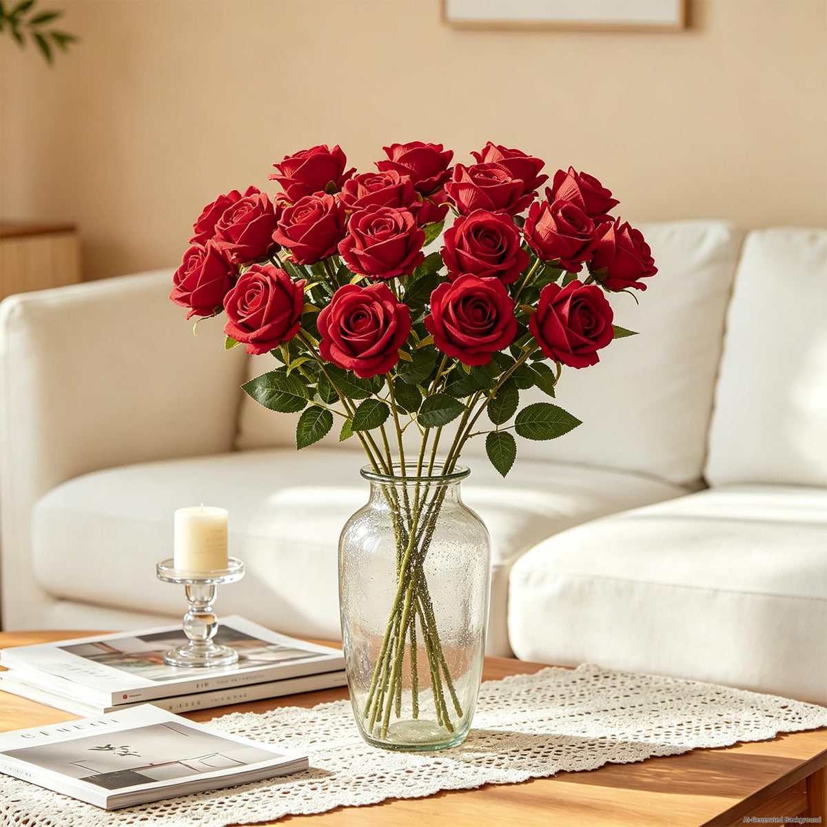 300Pcs Red Roses Artificial Flowers, Realistic Silk Fake Roses Bouquet