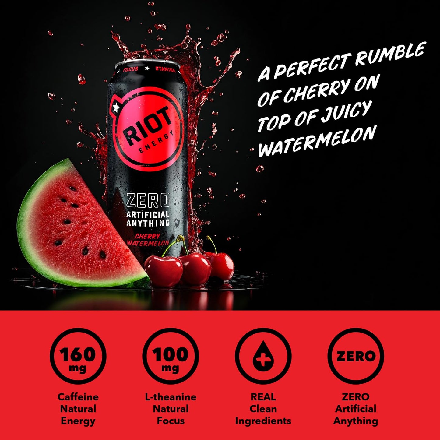 RIOT Clean Energy Drink - Cherry Watermelon | No Sucralose, No Sugar Added, No Artificial Flavors | 160mg Natural Caffeine + 100mg L-Theanine | Clean