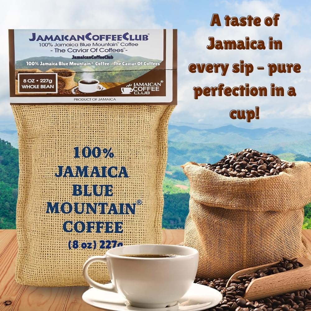 JamaicanCoffeeClub 100% Blue Mountain Whole Bean Coffee, WB 8oz Jamaican Roasted Beans, Smooth Rich Flavor, Handpicked Gourmet Beans, Bold Medium