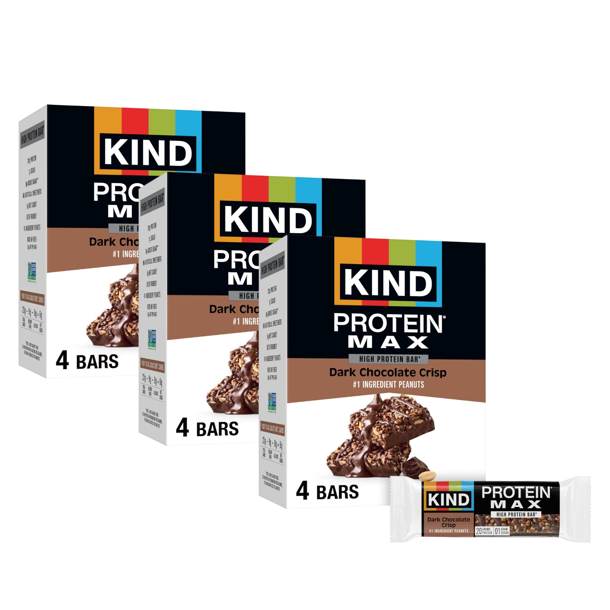 KIND Protein MAX Dark Chocolate Crisp, 20g Protein, Low Sugar, Keto Friendly, 12ct
