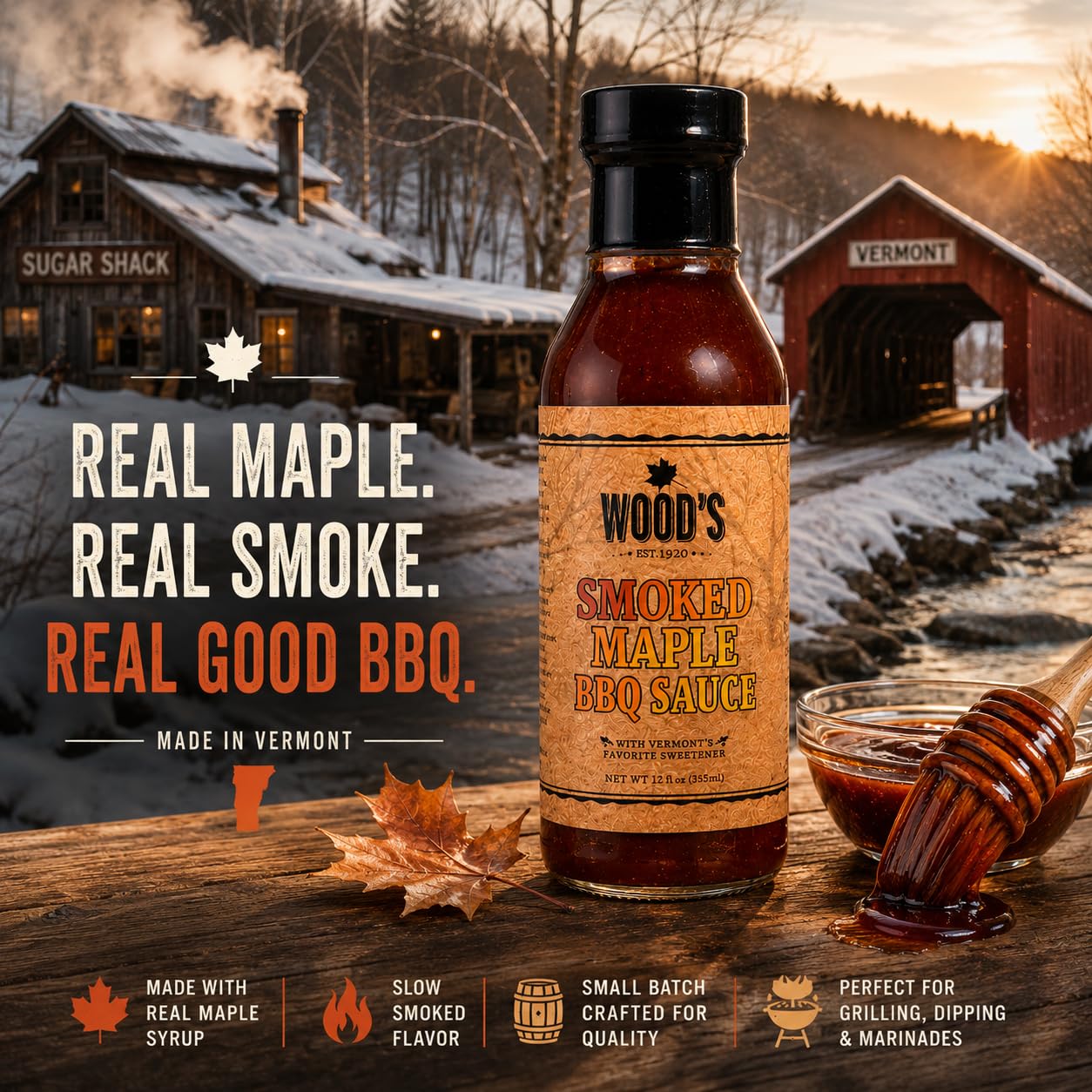Wood’s Smoked Maple BBQ Sauce - Sweet & Smoky Small-Batch Barbecue Sauce Made with Real Vermont Maple Syrup | Bold Flavor with a Peppery Kick |