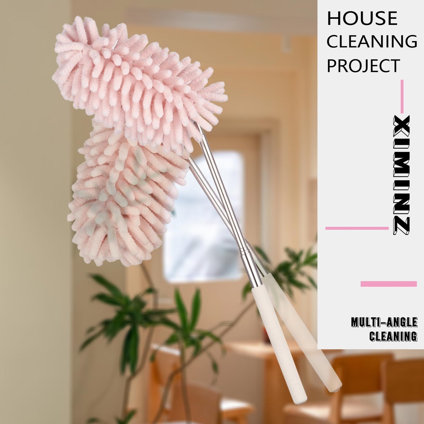 Pink Retractable Microfiber Duster for Cleaning Extendable Washable Hand Duster Feather Duster Cleaning Tool for Cleaning Office, Car, Window