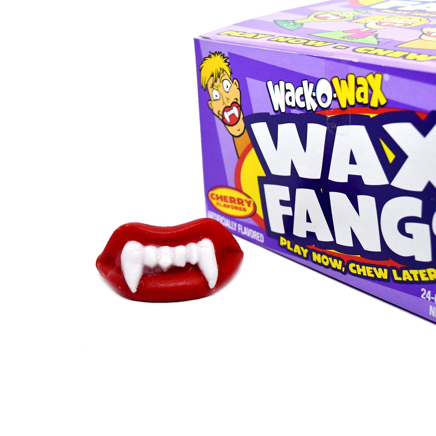 Wack-O-Wax Fangs - Fun Candy Halloween Toy - Individually Wrapped Peanut and Gluten Free Candy - Cherry, 24 Count Box