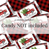 Red Buffalo Plaid Christmas Truck Miniature Chocolate Candy Bar Sticker Wrappers, 45 Wrap Around Labels Sized 1.4" x 2.6" by AmandaCreation, Great