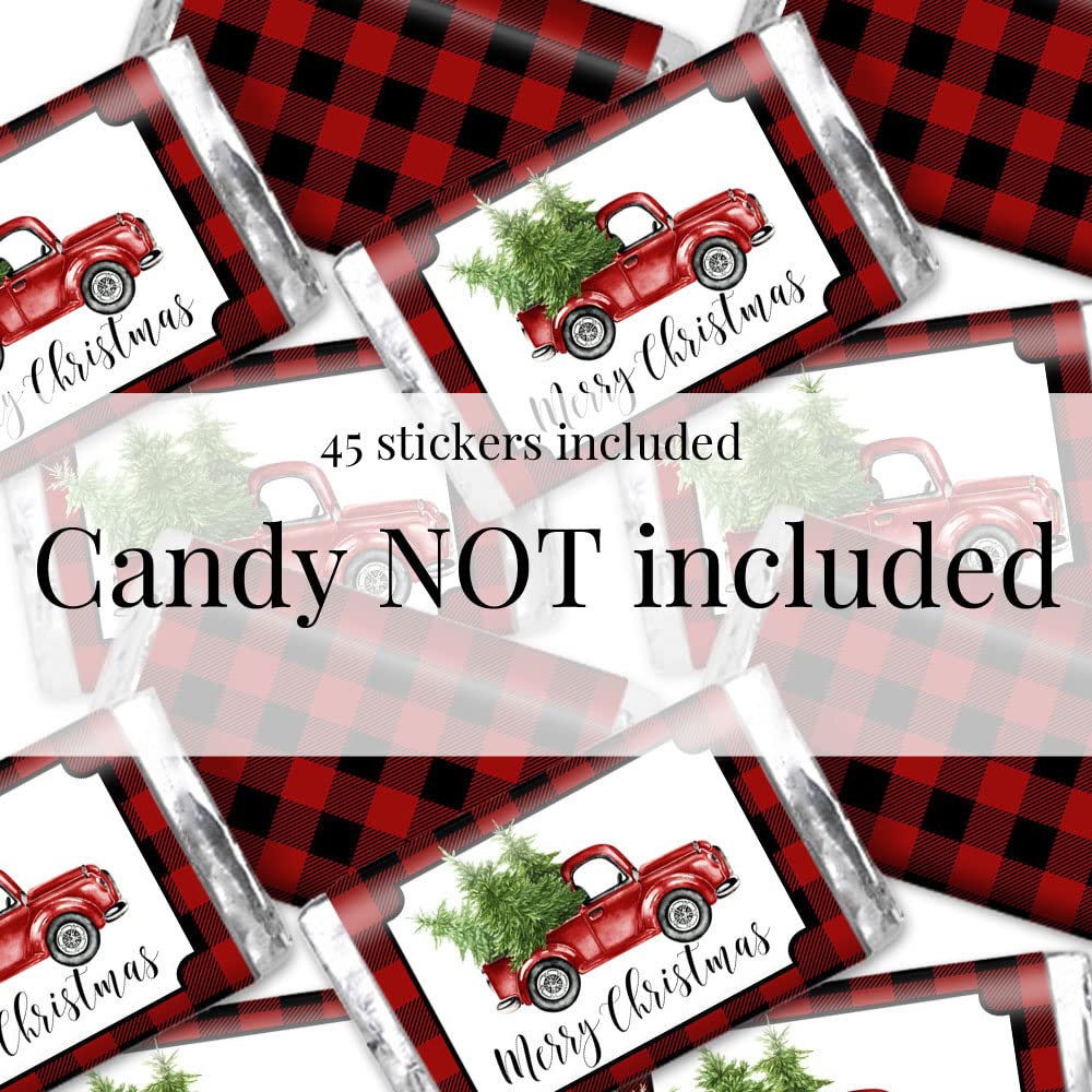 Red Buffalo Plaid Christmas Truck Miniature Chocolate Candy Bar Sticker Wrappers, 45 Wrap Around Labels Sized 1.4" x 2.6" by AmandaCreation, Great