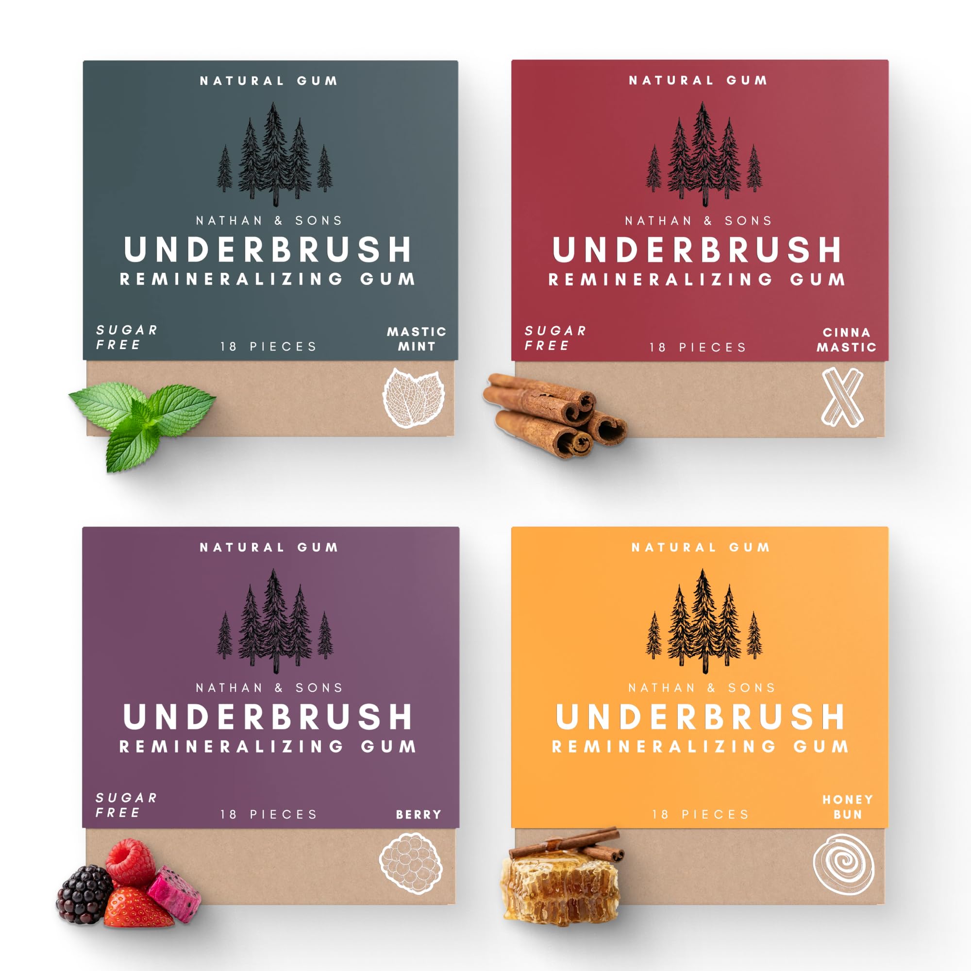 Underbrush Variety Pack Remineralizing Natural Gum, Sugar Free Xylitol Gum with Hydroxyapatite, Supports Fresh Breath and Oral Health, Tree Sap Base